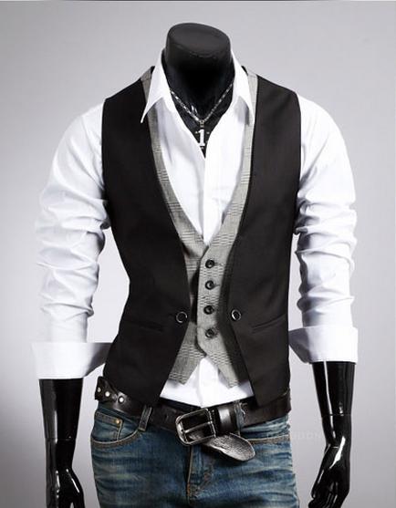 Deux Pièces Gilet Hommes 2017 Casual Faux Deux Pièces Conception Double boutonnage V Cou Sans Manches Couleur Assortie Mode Homme Robe Gilet