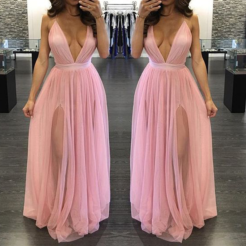 

Deep V Neck Sexy Prom Dresses A-Line Floor Length Open Bak Chiffon High Front Side Party Long Formal Evening Gown, Orange