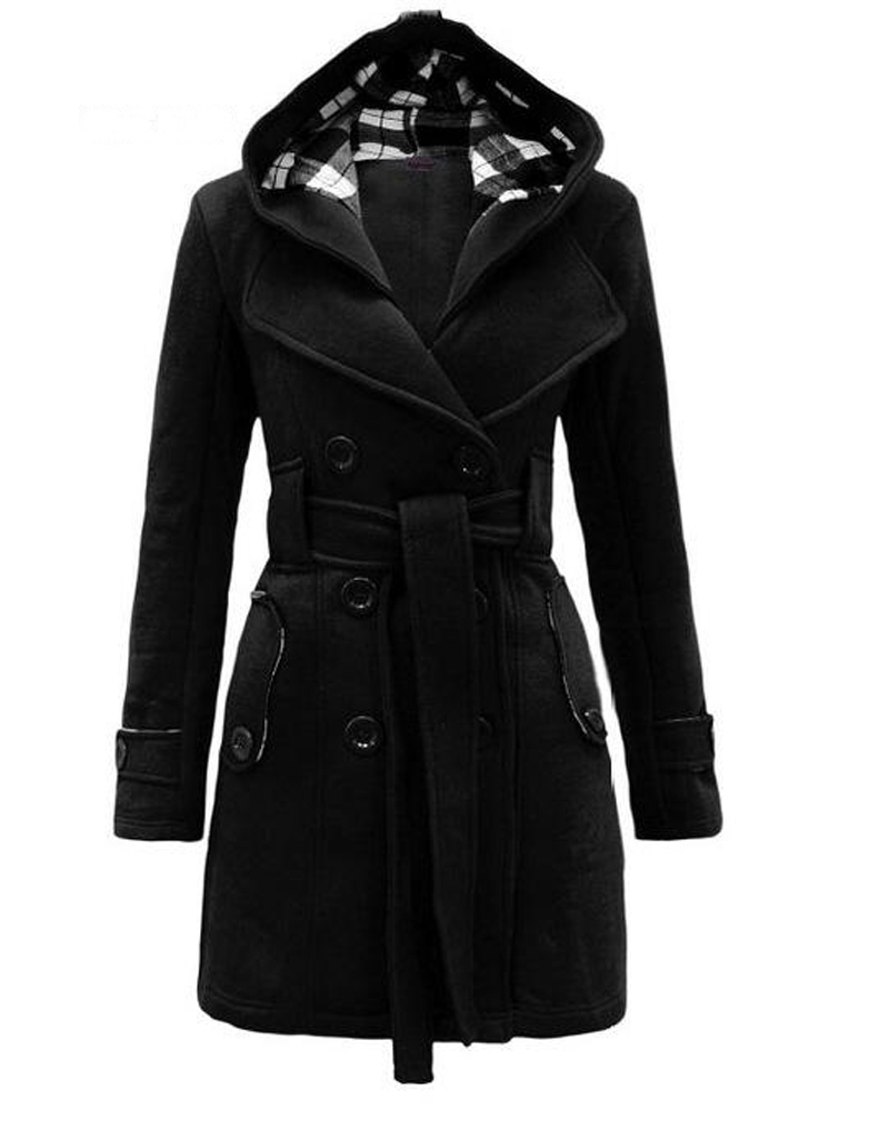 

Wholesale- Womens Fashion Woolen Double Breasted Pea Coat Casual Hoodie Winter Warm Jacket, Black