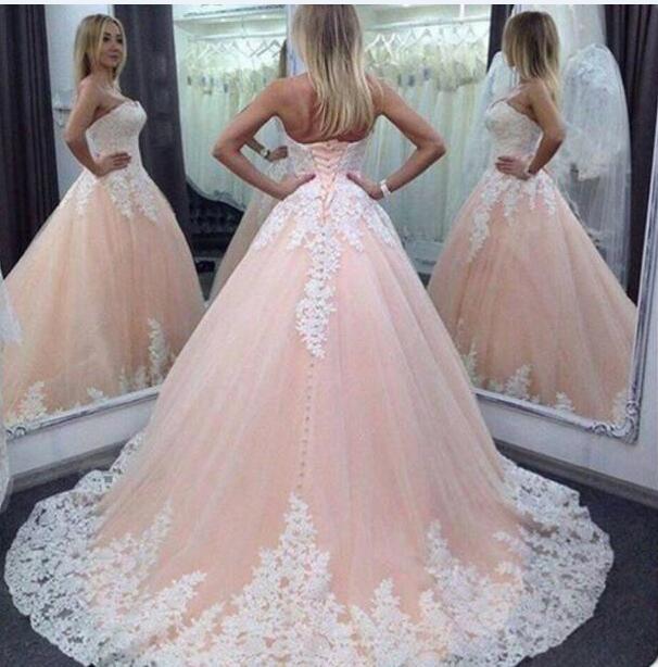 

2017 New Cheap A Line Wedding Dresses Pink Colorful White Lace Appliques Tulle Court Train Plus Size Lace Up Back Formal Bridal Gowns, Ivory