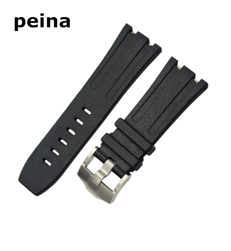 

Free Shipping 28/29 mm new high-quality stainless steel Silver buckle black diving silicone rubber watch band strap for A-P