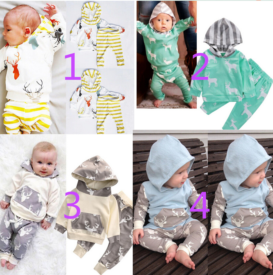

2016 new fall autumn Newborn Baby Boy Girls Clothes Cute Christmas Tops Deer Hooded + Striped Long Trousers 2pcs Outfit Kids Clothing Set, As show