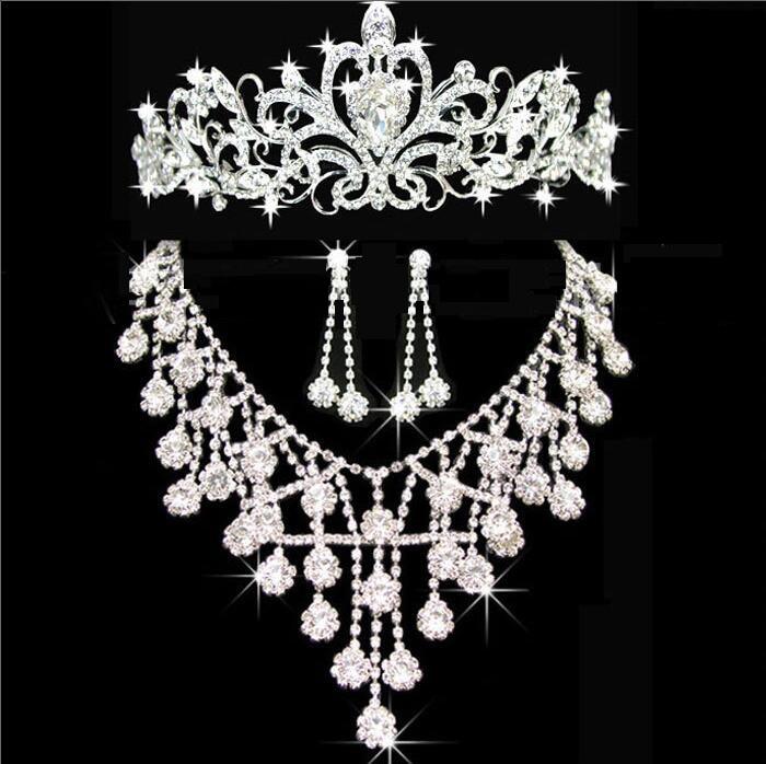 

New Cheap Bling Crystal Bridal Jewelry Set silver Necklace diamond earrings Party Wedding jewelry sets for bride women Bridal Accessories