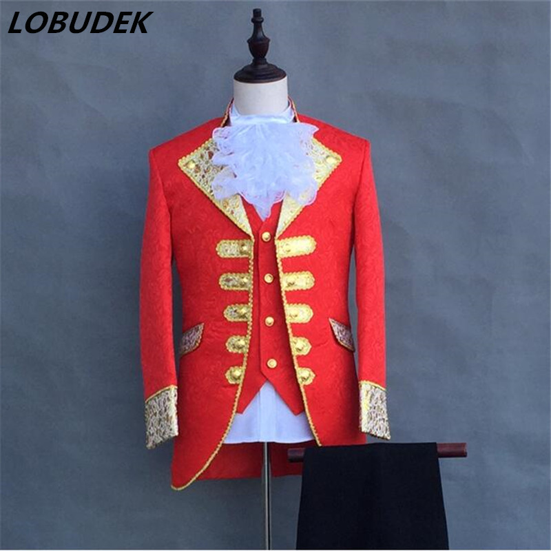 

(jacket+pants+tie) European male suit court dresses Teams Chorus costume Host stage performance outfit singer Party DS show blazer, Navy blue
