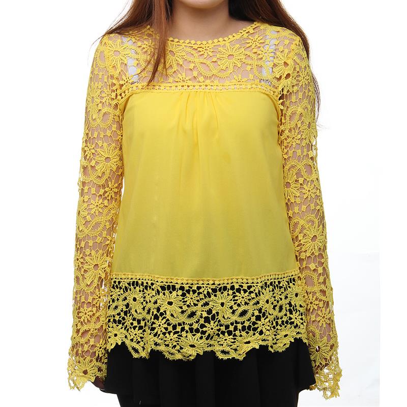 

New Chiffon Shirts Fashion Flowers Lace Embroidery Women Blouses Long Sleeve Tops Shirts Plus Sizes Sexy Blusas Feminina XS, Watermelon