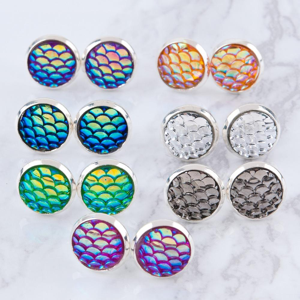 

Fashion Drusy Druzy Earrings Stainless Steel 12MM Mermaid Fish/Dragon Scale Pattern Stud Earrings For Women Lady Jewelry