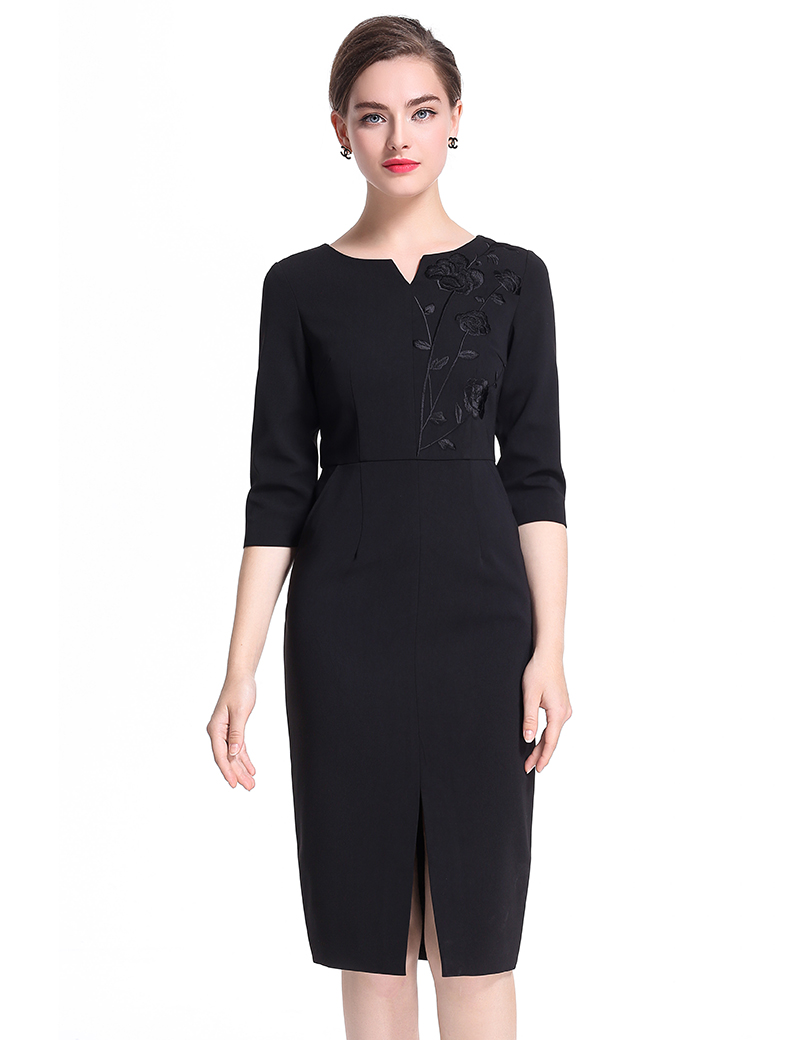 

Embroidery Women Sheath Dress 3/4 Sleeve Split OL Office Lady Work Dresses 0917150, Red