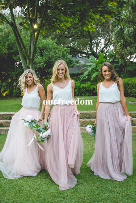 2019 Two Piece White Top Pink Tulle Bridesmaid Dresses V Neck Floor Length Maid Of Honor Wedding Guest Gown Formal Evening Dresses Hot