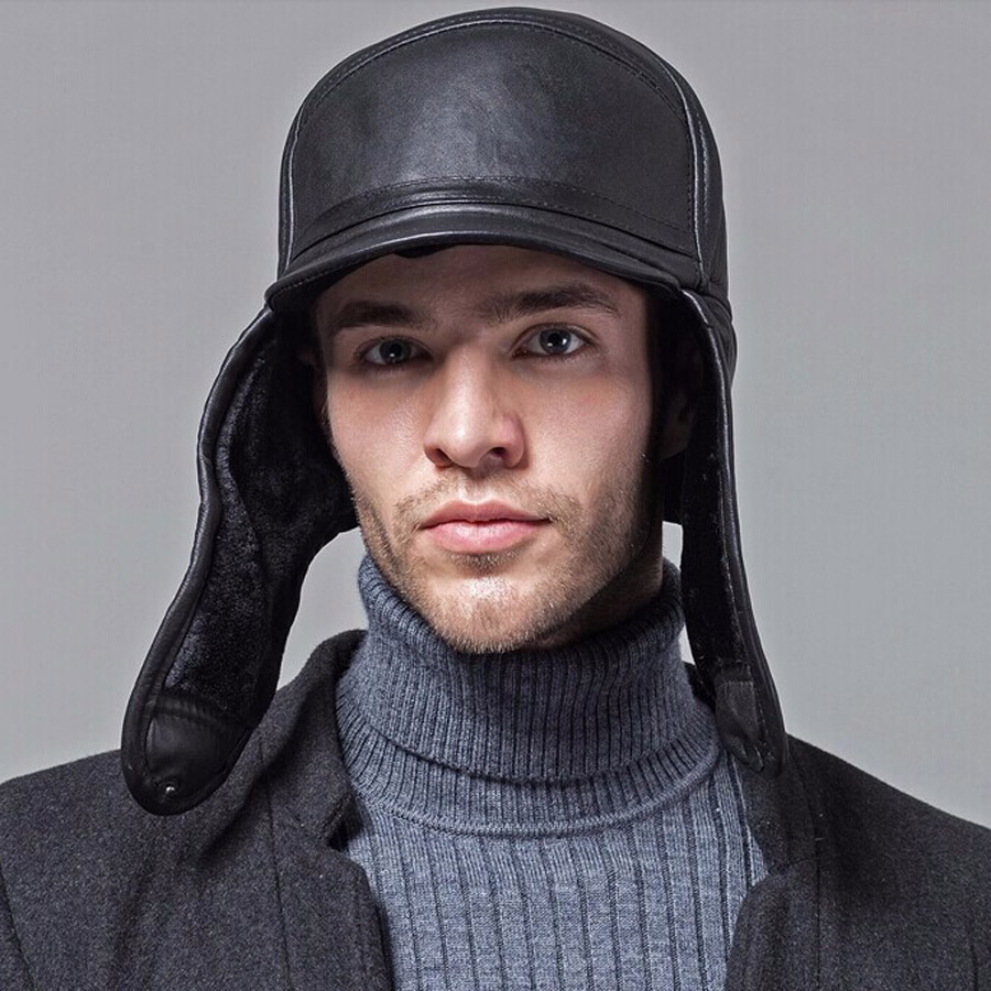 

Wholesale-DL-10603 Wholesale-New 2016 Winter Hats For Men leather Warm Fur Hat Cap With Ear Flaps Russian Hat Men Leifeng Beanies