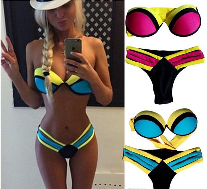 

2019 HOT Sexy Women 3 color Bandage Triangle neoprene beach Bikini Push-up Padded Bar Swimsuit padded zipper bras Swimwear S M L, Blue