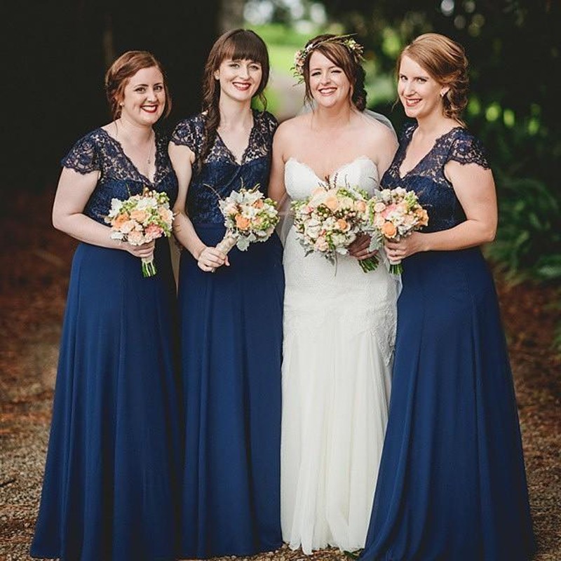 2017 New Bridesmaid Dresses V Neck Short Sleeves Wedding Guest Wear Navy Blue Lace Appliques Chiffon Long Party Dress Maid of Honor Gowns