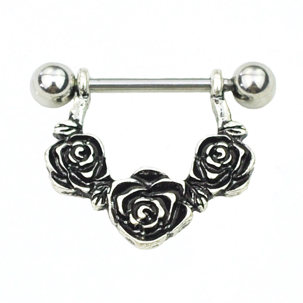 

D0659 Flowers Nipple Ring Silver-Black 14Ga 16mm Length