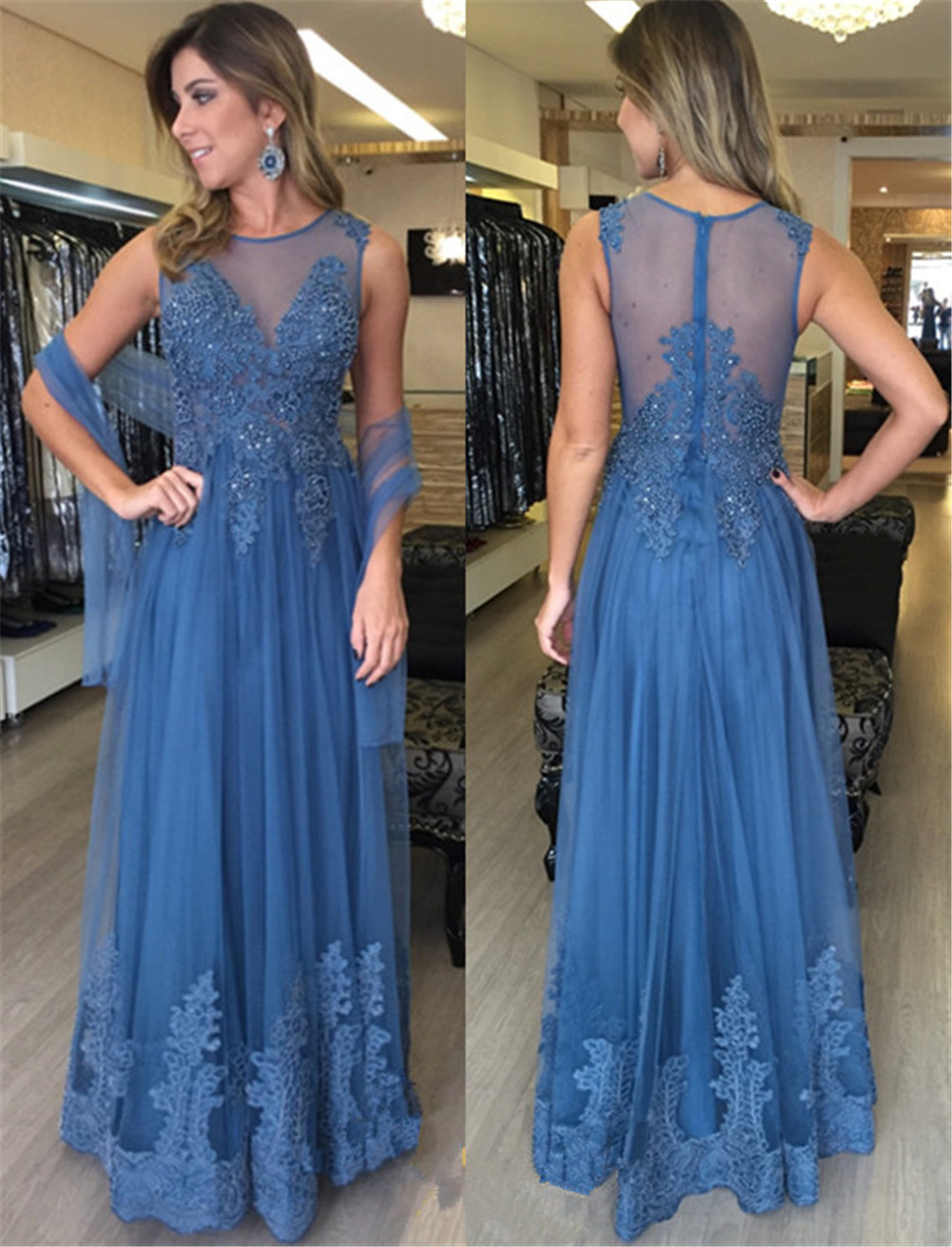 

Elegant Zipper Sleeveless Floor-Length A-Line Applique Tulle Prom Dresses with Wrap Long Blue Evening Dress vestidos fiesta mujer, Purple