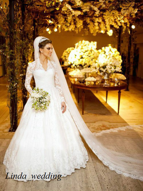 

Free Shipping New Arrival Luxury A-line Princess Long Sleeves Applique Chapel Train Lace Wedding Dresses Bridal Gowns, Ivory