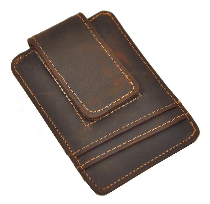 

Top Quality Credit Card ID Holder Simple Design Magnet Men Wallet Money Clip Crazy Horse Leather Hot Sales Design European And American, Light brown