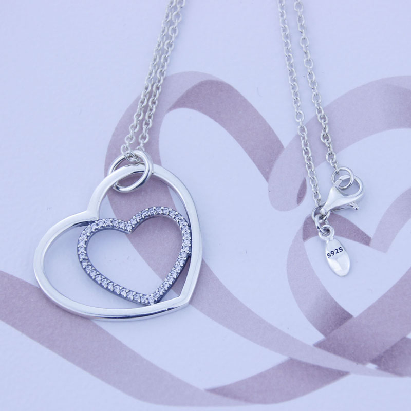 

Newest Necklaces & Pendants 925 Sterling Silver Jewelry Heart to Heart Pave CZ Choker Necklace For Women DIY Fashion Jewelry diy Making