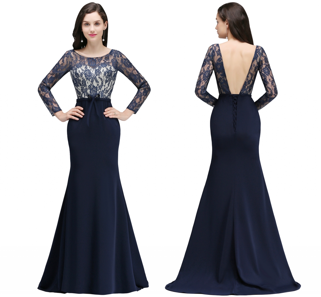 

Dark Navy Sexy Backless Formal Mother's Dresses Sheer Long Sleeves Lace Mermaid Mother of the Bride Gowns With Corset Back Cheap CPS729
