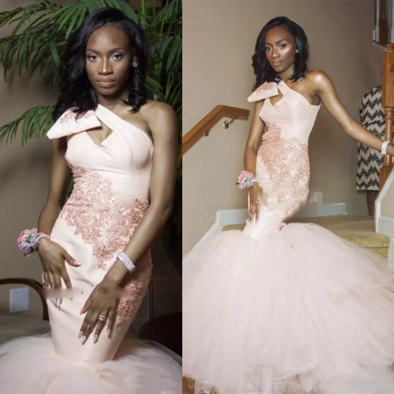 

Blush Pink Mermaid Prom Dresses South African One Shoulder Evening Gowns Lace Appliques Tulle Sweep Train Formal Party Dress Custom Made, Dark red