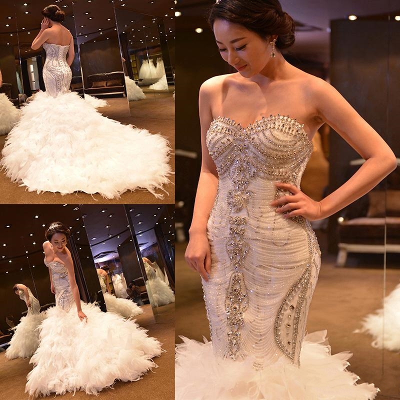 

Luxury Crystal White Mermaid Wedding Dress 2023 Ostrich Feather Gowns Sexy Ivory Bridal Dresses Robe De Mariage Vestido De Noiva, Custom made from color chart