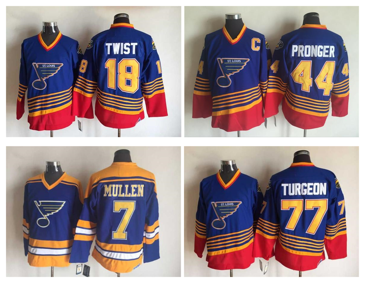 

Retro St. Louis Blues Hockey Jersey 18 Tony Twist 44 Chris Pronger 77 Pierre Turgeon 7 Joe Mullen Vintage CCM Authentic Stitched Jerseys, As pic