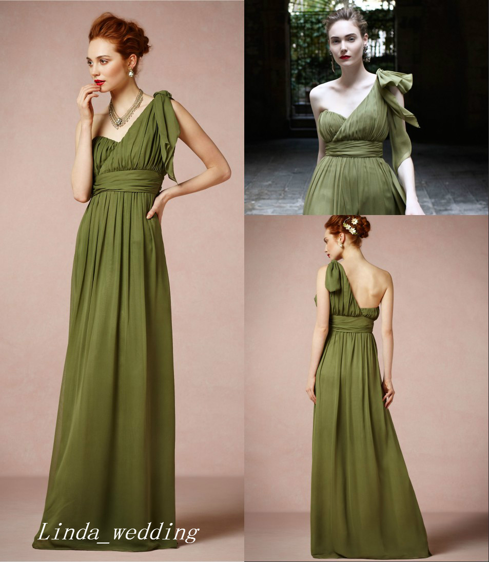 

Olive Green Bridesmaid Dress Modest One Shoulder Chiffon Wedding Party Gown Formal Maid of Honor Dress