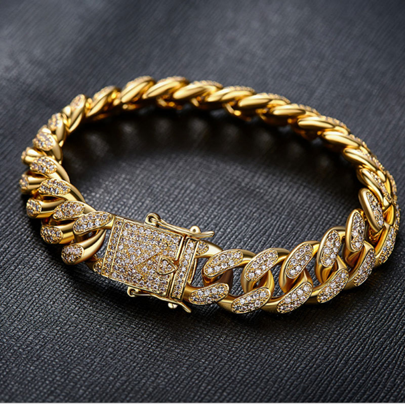 

Mens Hip hop 18K Gold Plated Copper Cz Zircon 8inch Cuban Link Clasp Bracelet with gift box Fashion Gold Silver Jewelry Top Quality