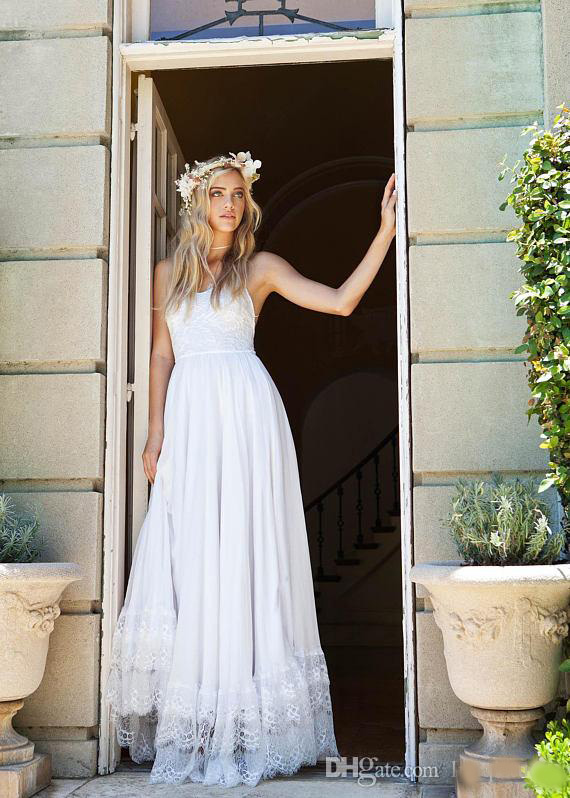 

Beach Wedding Dresses Pleats Chiffon with Floral Lace Summer Country Wedding Gowns Spaghetti Straps Cheap Bridal Gowns, White