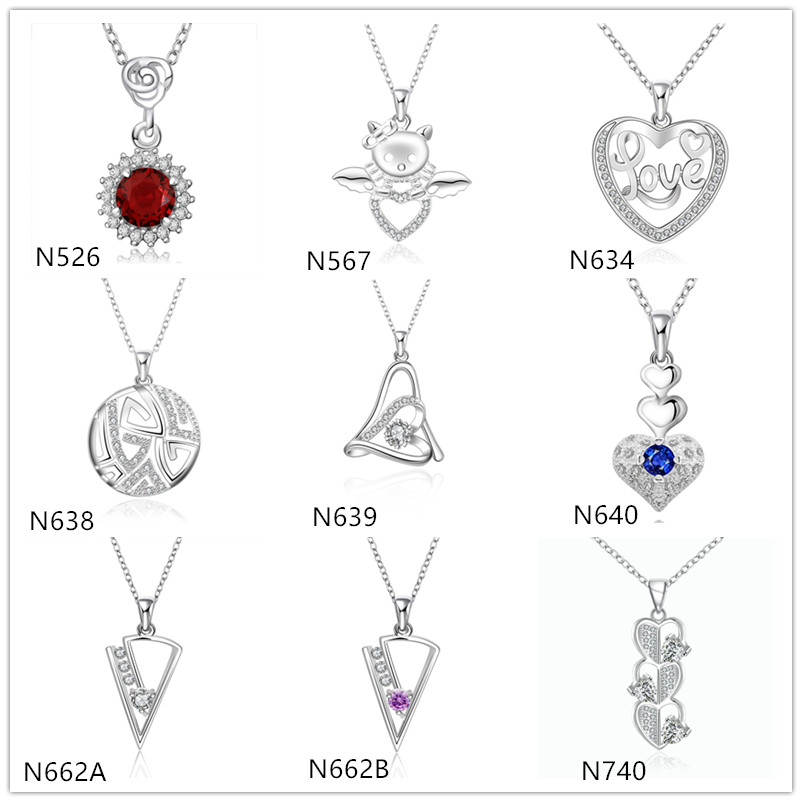 

Triangle heart shape 925 silver Necklace(with chain) 10 pieces a lot mixed style,women's gemstone sterling silver Pendant Necklace EMP21