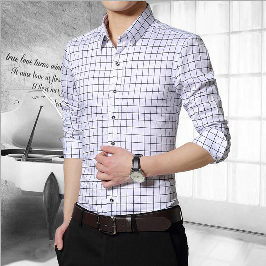 Wholesale-2016 New arrive 100% High Quality Mens Dress Shirts Causal Striped plaid Shirts Men Camisa Social Masculina Chemise M-5XL CY52