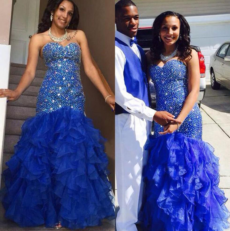

Royal Blue Luxury African Evening Dresses Mermaid Sweetheart Crystal Beaded Tiers Ruffles Skirt Couple Fashion 2K16 Pageant Party Gowns, Silver