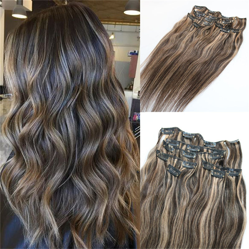 

7pieces 120g Piano Color Human Hair Extensions Clip in Ombre Two Tone 2# Brown to 27# Blonde Highlights Wholesale, Mix color