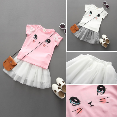 

2 Color Baby Girls Suits baby wear girls cute rabbit printing t-shirt +Tutu skirts sets kids casual 2pcs Suit children clothing, White