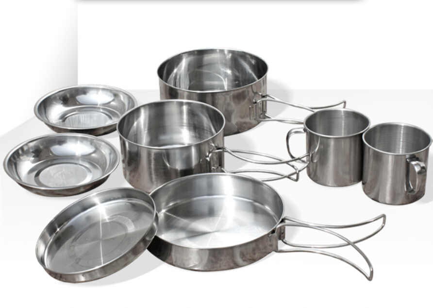 Wholesale-2015 New 8 Pieces Stainless Steel Cubiertos Camping Pots Picnic Set Cookware Outdoor Pot Camping Cooking Set Cutlery-image-389463506