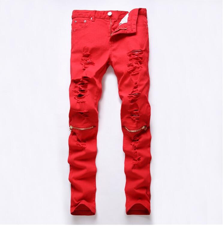 

2016 New Red Ripped Knee Hole Club Jeans Men Famous Brand Slim Fit Cut Destroyed Torn Jean Pants For Male Homme