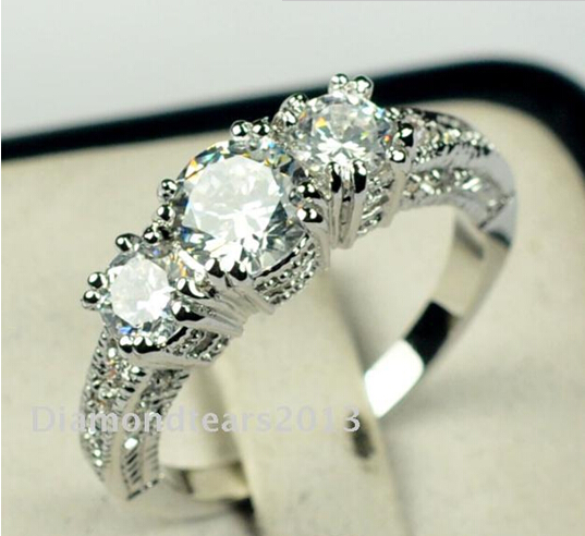 

Wholesale - size 6/7/8/9 Free shipping 100% New Brand design fashion jewelry 10kt white gold filled three-stones white topaz Gem women weddi