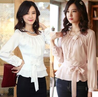 

Hot Sale Women' Career Ruffled Hem Long Sleeve Chiffon Blouse Silk Office Lady Tops clothing Plus Size Blouses B16 SV00327, Pink