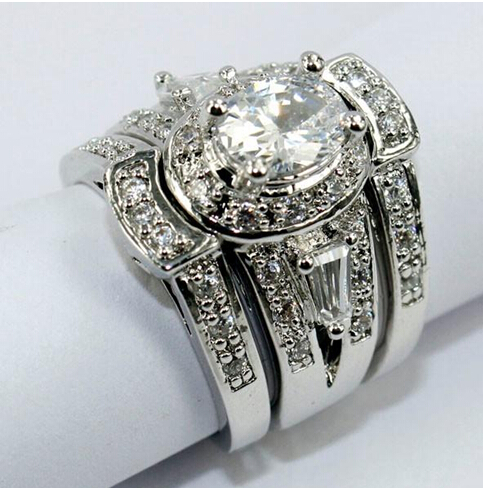 

Free shipping Vintage Jewelry Topaz Simulated Diamond 14KT White Gold Filled 3-in-1 Wedding Ring Set for christmas gift Sz 5-11 Gift