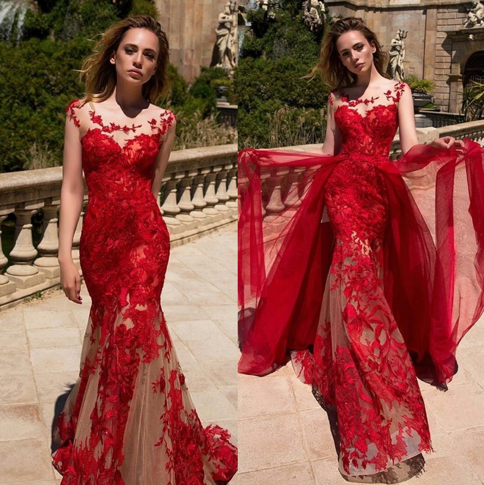 

Stunning Red Mermaid Lace Dresses Evening Wear Sheer Jewel Neck Overskirt Prom Gowns Sweep Train Custom Made Tulle Formal Dress, Champagne