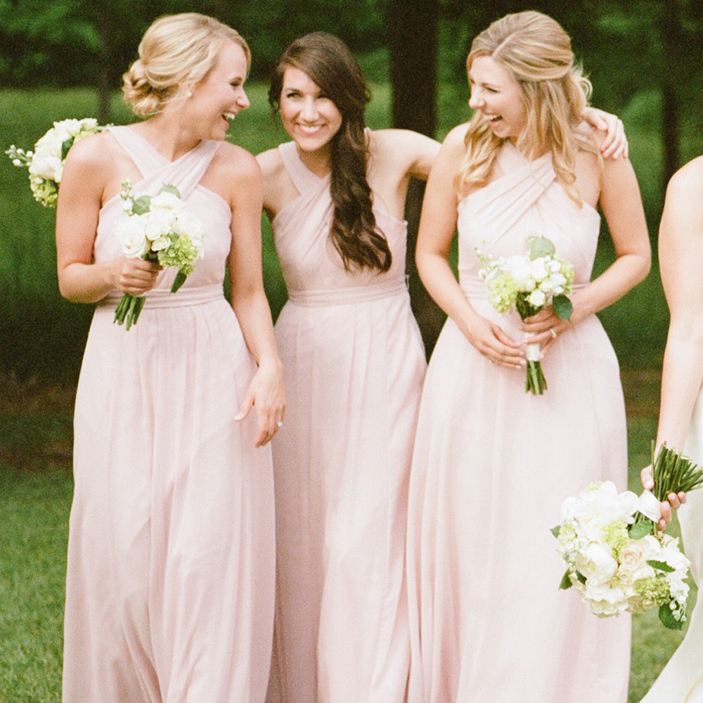 

Pink Designer Halter Sheath Bridesmaid Dresses Chiffon Long Party formal Gowns vestidos de madrinha