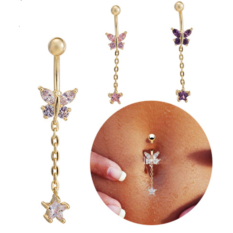 

18K Yellow Gold Plated Body Piercing Belly Button Ring Wholesale Cubic Zirconia Dangle Charming Women Navel Jewelry Barbell
