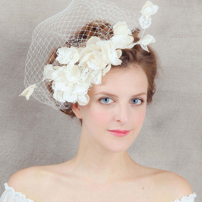 

Vintage Wedding Bride Head Veil Tulle Bridal Accessories Top Flower Hat Cap Clips Lace Hair Clip Costume Hair Accessories for Party