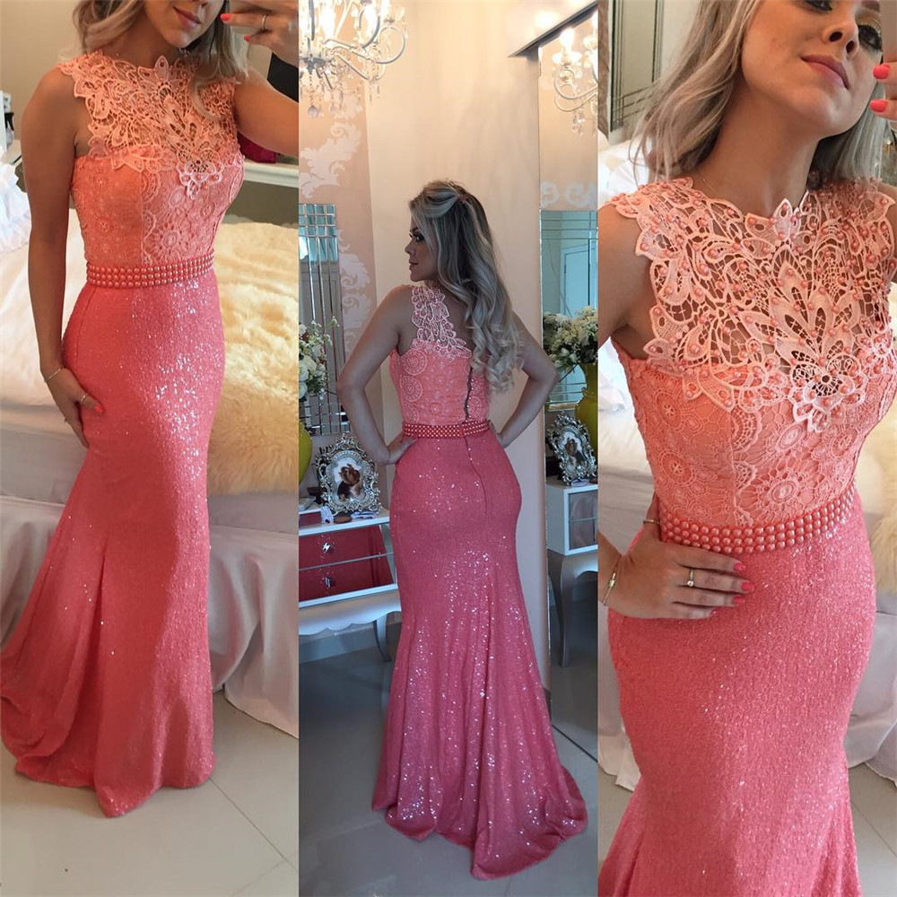 

Timeless Sleeveless Lace Pearls Prom Dresses Mermaid Long Zipper Back High Neck Beading Sash Long Evening Dress vestidos de baile curto, Ivory