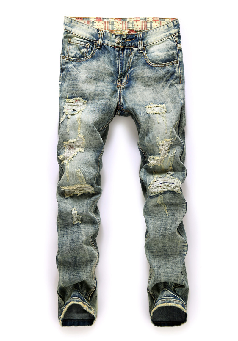 

2016 Hot men jeans famous brand new vintage fashion design motorcycle hole torn denim trousers Slim Fit pants size -38, As picture