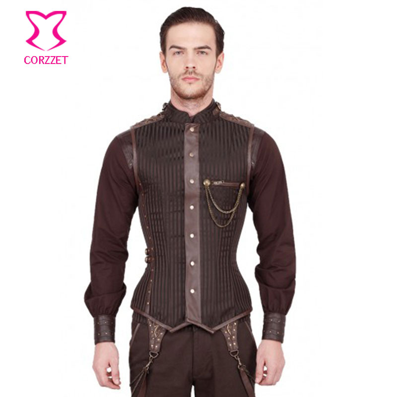 

Fall-Punk Brown/Black Striped Stand Collar Overchest Zipper Mens Steampunk Corset Waistcoat Gothic Clothing Vintage Jacket Men Vest