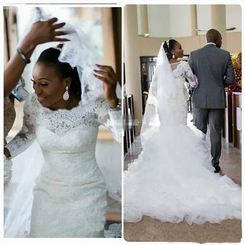 

African Nigerian Mermaid Wedding Dresses 2017 Long Sleeves Lace Appliques Beaded Plus Size Court Train Organza Ruffles Tiered Bridal Gowns, Ivory