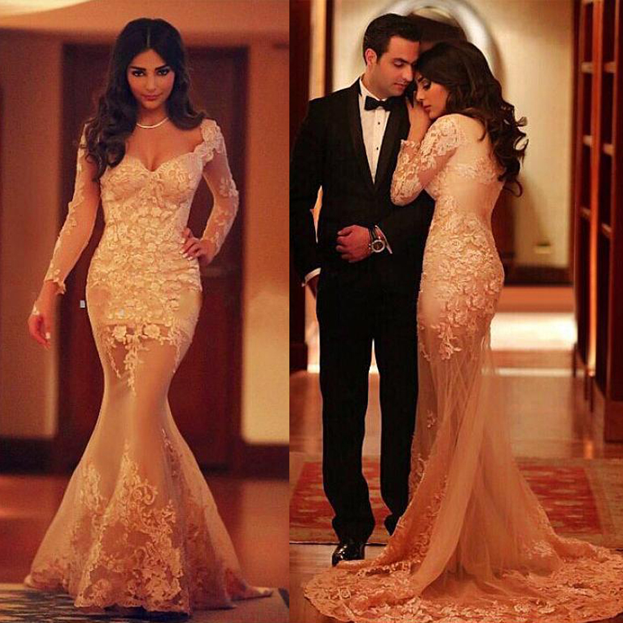 

Queen Anne Neckline Mermaid Evening Dresses With Lace Appliques Long Sleeves Champagne Lace Prom Dress vestidos fiesta largos, Pink