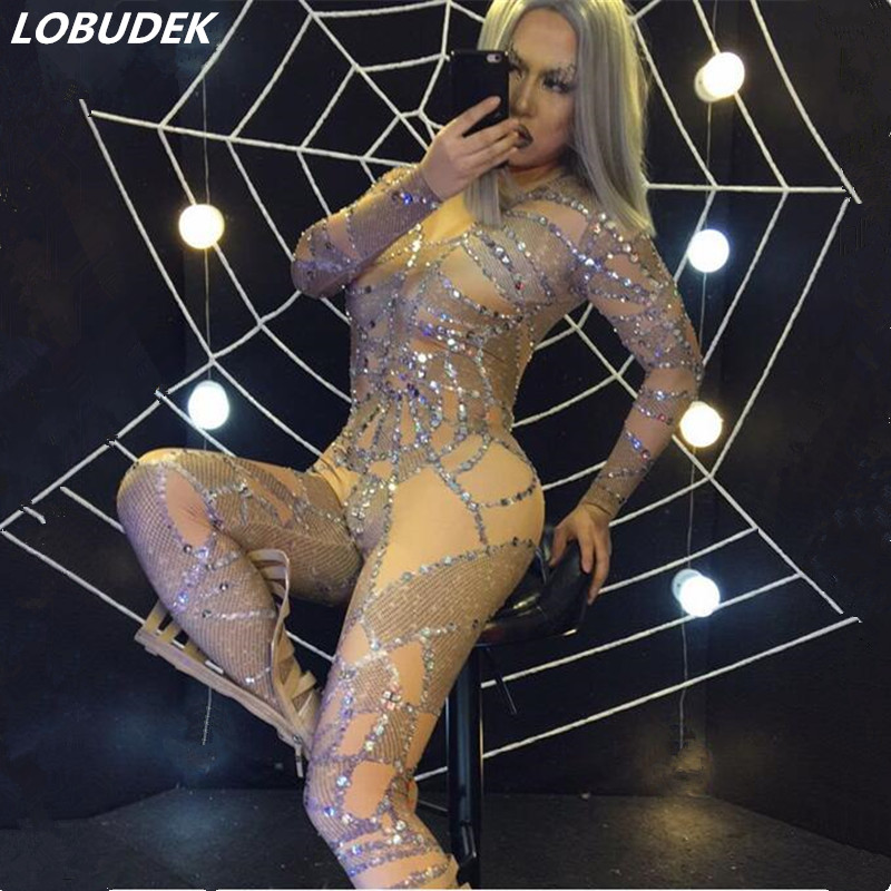 

European style new leotard Stretch jumpsuit shining Rhinestones rompers female Sexy DS costumes nightclub Party DJ show bodysuit performance