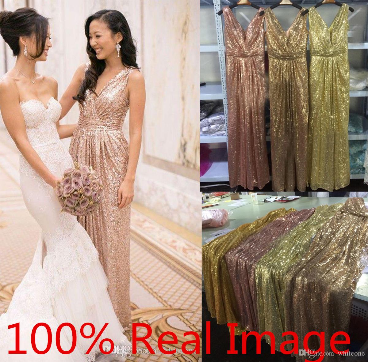 

2020 Sexy V Neck Rose Gold Sequins Bridesmaid Dress Plus Size Backless Real Image Maid of the Honor Wedding Party Gowns