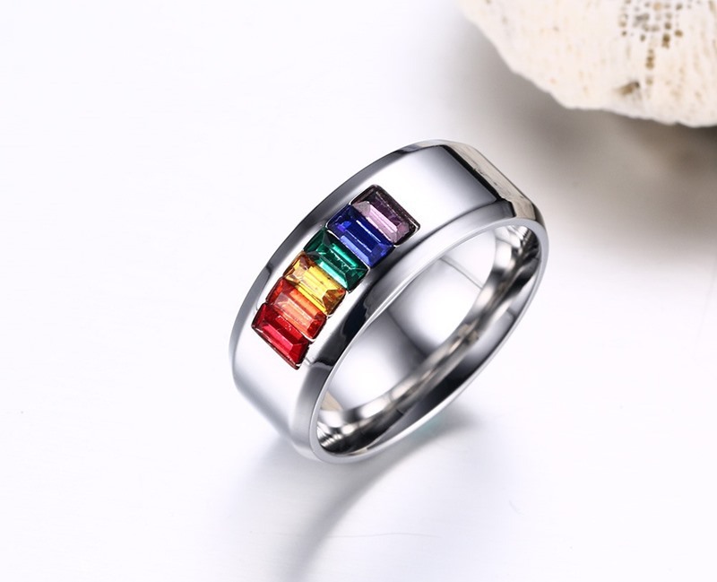 

Wholesale 8MM wide Ring men Fashion Rainbow CZ insert anel masculino Stainless steel Wedding rings Engravable inside