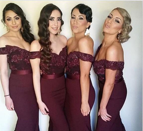 

Cheap Vestidos 2016 Long Lace Bridesmaid Dresses Burgundy Off Shoulder Beads Mermaid Bridesmaid Dress For Weddings Satin Maid of Honor Gowns